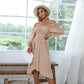 EXLURA Women's Tie Back Asymmetrical Hem Off Shoulder A-line Dresses Long Lantern Sleeve Ruffle Midi Dress
