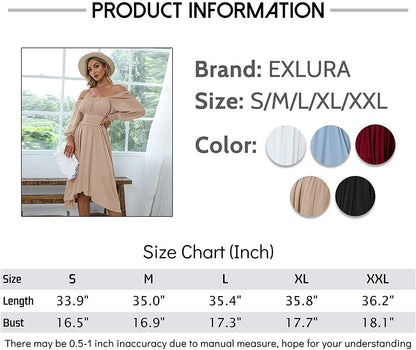 EXLURA Women's Tie Back Asymmetrical Hem Off Shoulder A-line Dresses Long Lantern Sleeve Ruffle Midi Dress
