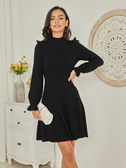 EXLURA Women’s Mock Neck Skater Pullover Sweater Dress Knit Fit and Flare Ruffle Long Puff Sleeve Dress Cocktail Party Swing Mini Dress
