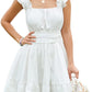 EXLURA Women's Square Neck Tie Back Ruffle Strappy Ruched Short Mini Dress Smocked Backless Tank Sleeveless Sundress Dress