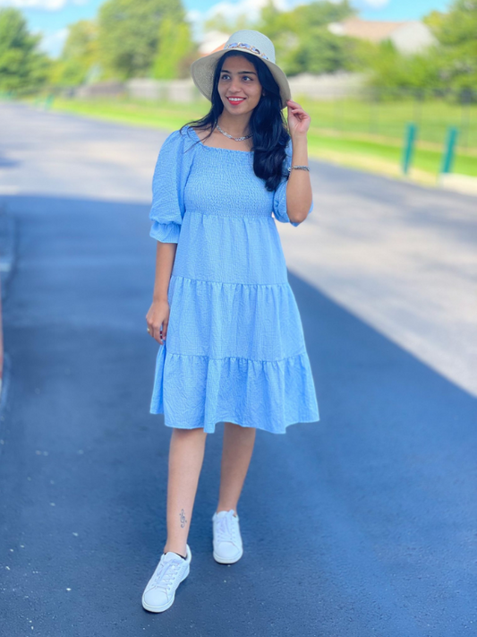 EXLURA Women's Back Tie Knot Square Neck Smocked Bust Puff Elbow Sleeve Ruffle Plaid Tiered Midi Dress