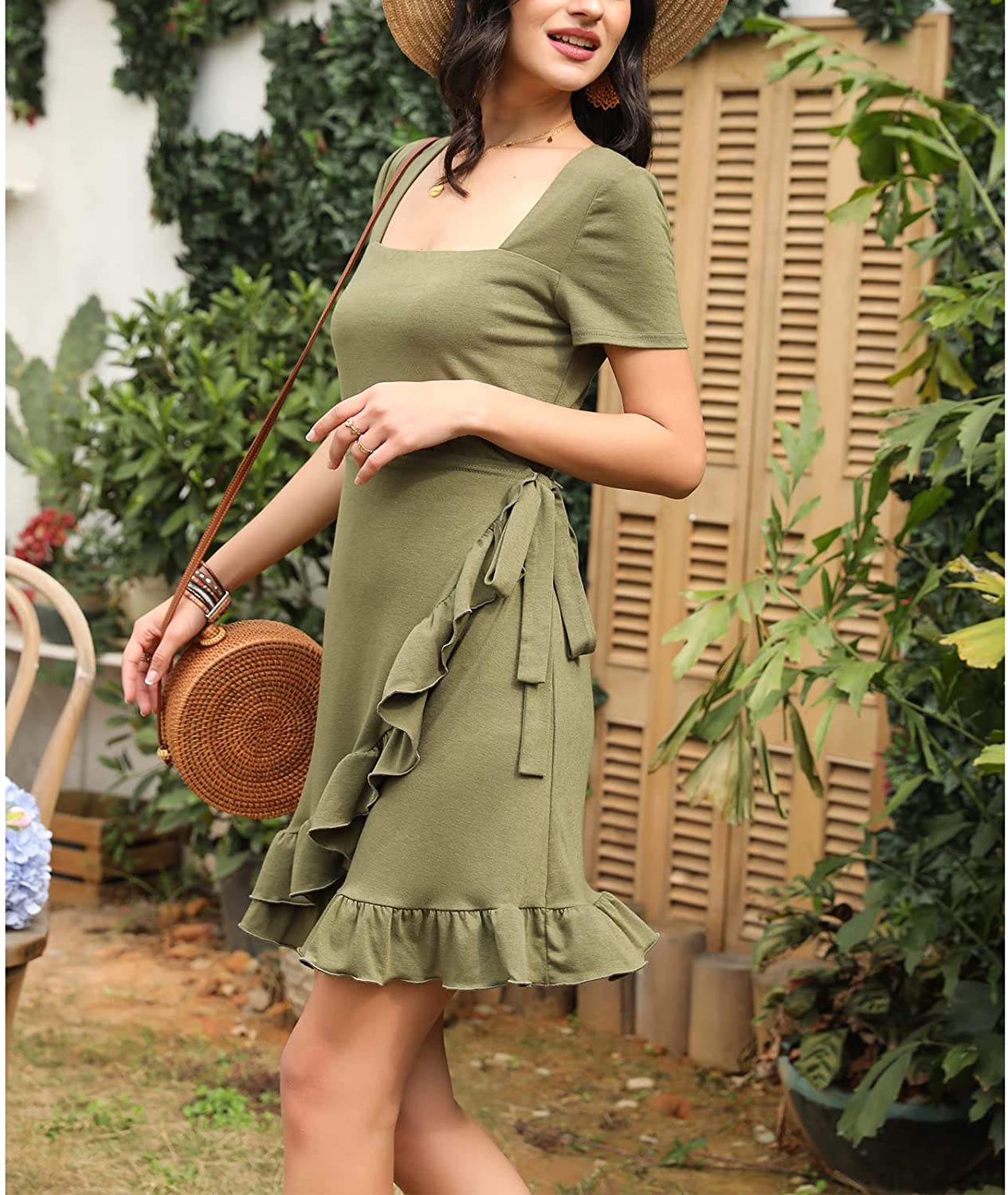 Byinns Womens Square Neck Ruffle Hem Dress Short Sleeve A Line Swing Shirred Wrap Asymmetrical Tie Back Casual Mini Dresses
