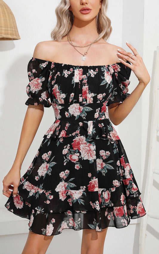 Floral Flowy Summer Dress - Square Neck Short Puff Sleeve Ruffle