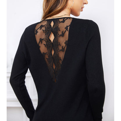 Exlura Women’s Lace Patchwork Pullover Sweater Backless V Neck Long Sleeve Knit Top Sexy Casual Trendy Jumpers
