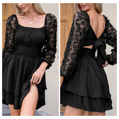 KRDR302EXLURA Women’s Lace Long Puff Sleeve Mini Dress Square Neck Backless Short Swing Party Dress Tie Back Bridesmaid Wedding Guest Dresses