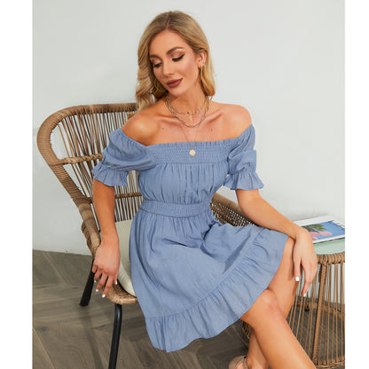 Exlura Women’s High Waist Square Neck Mini Dress Off Shoulder Smocked Puff Short Sleeve Summer Short Ruffle Dress