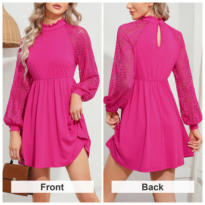 EXLURA Women’s Lace Tshirt Mini Dress Ruffle High Neck Long Puff Sleeve Swing Dress Flowy Wedding Guest Dresses