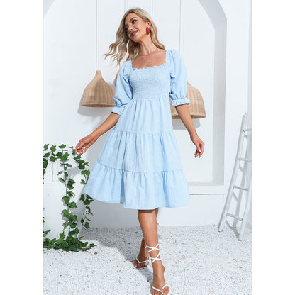 EXLURA Women's Back Tie Knot Square Neck Smocked Bust Puff Elbow Sleeve Ruffle Plaid Tiered Midi Dress