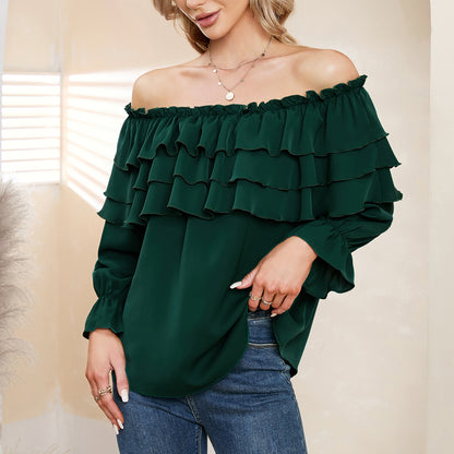 Byinns Women’s Off The Shoulder Layered Ruffle Tops Long Puff Sleeve Flowy Blouses Shirts Party Dressy Tops