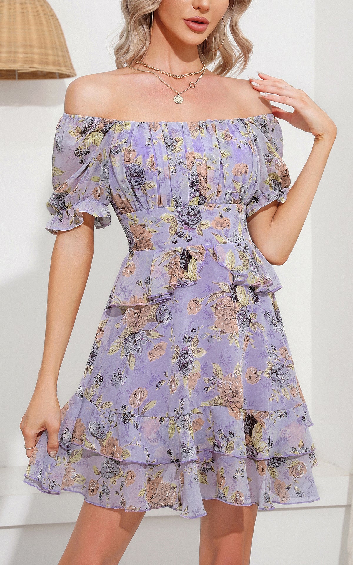 Floral Flowy Summer Dress - Square Neck Short Puff Sleeve Ruffle