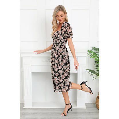 EXLURA Women’s V Neck Dress Short Puff Sleeve High Waist A-Line Backless Tie Back Floral Vintage Midi Dress