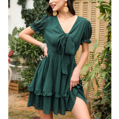 Exlura Women’s V Neck Summer Ruffle Dress Sundress Tiered Smocked Tie Front Short Puff Sleeve Swing Mini Dress