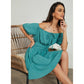 Exlura Women’s Off Shoulder Elegant Short Dress Ruched Drawstring Smocked Short Puff Sleeve High Waist Mini Dress