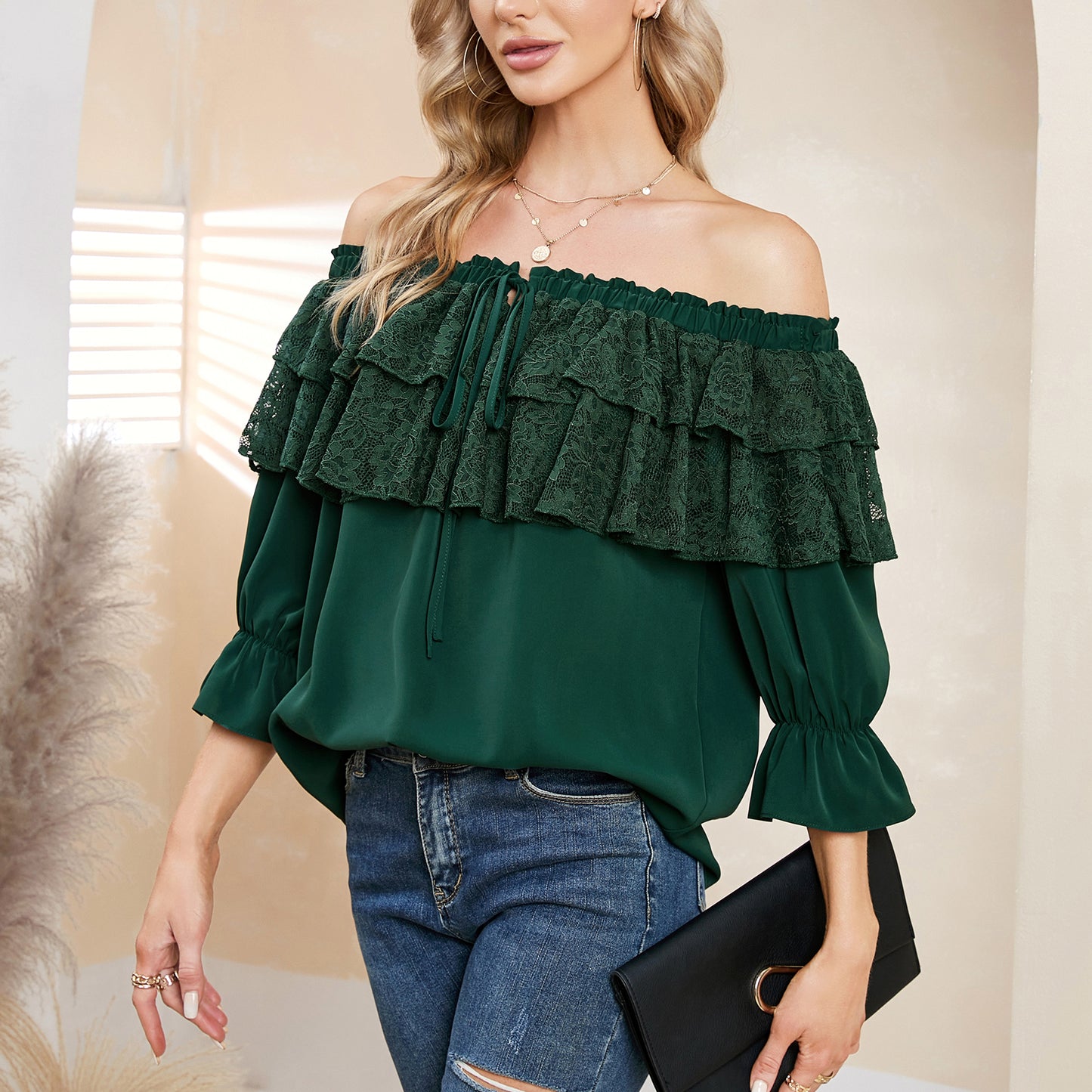 Byinns Women's Off The Shoulder Layered Ruffle Lace Tops Long Puff Sleeve Blouses Flowy Party Dressy Tops