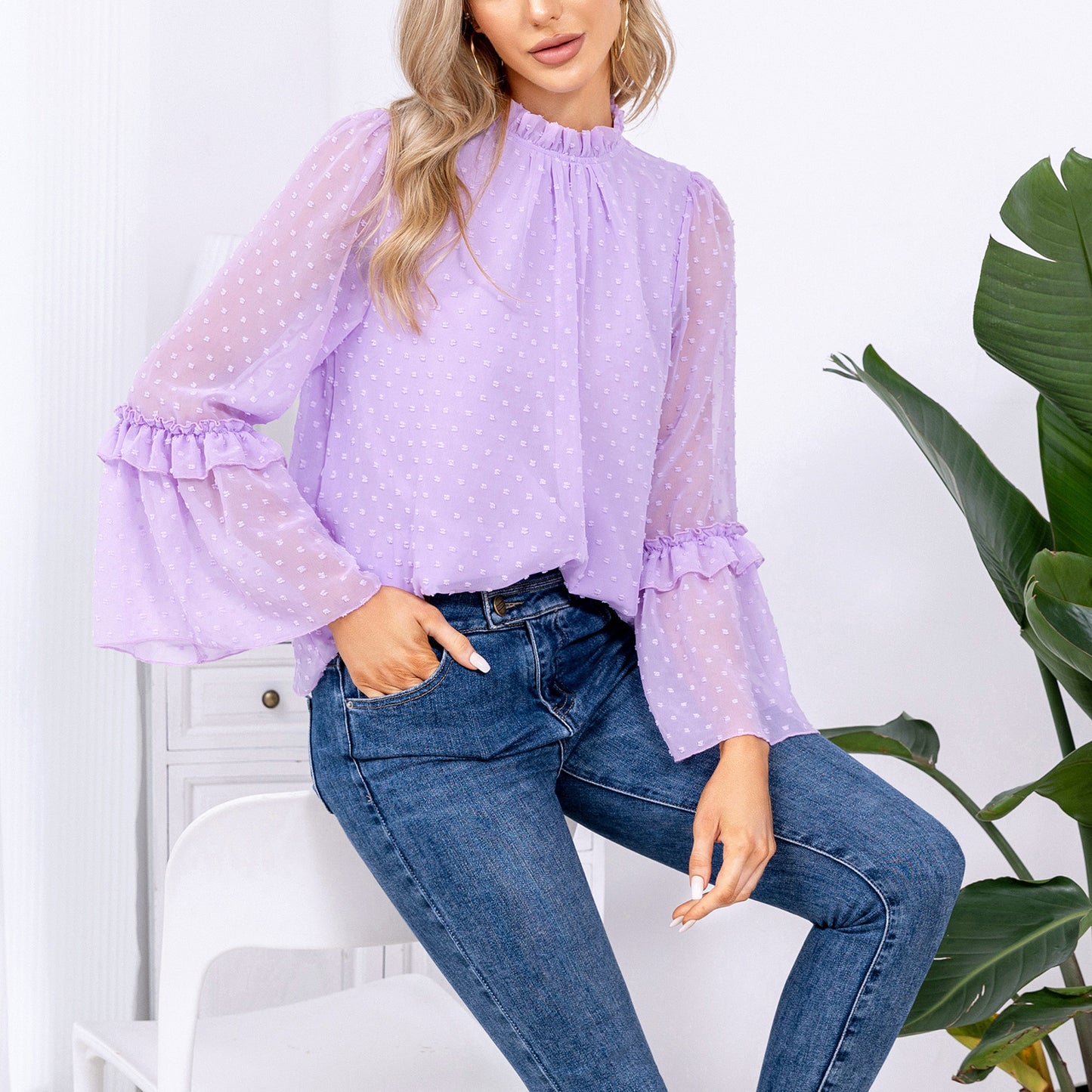 EXLURA Women’s Swiss Dot Long Bell Sleeve Tops Shirts Ruffle Mock Neck Blouses Flowy Chiffon Dressy Tops