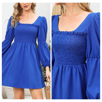 EXLURA Women’s Long Puff Sleeve Dress with Pockets Smocked Ruffle Square Neck Mini Dress Babydoll Vintage Cocktail Party Dress