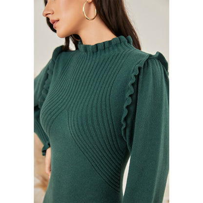 EXLURA Women’s Sexy Bodycon Pullover Sweater Dress Ruffle High Neck Knit Long Puff Sleeve Dress Cute Mini Winter Dress