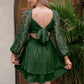 KRDR302EXLURA Women’s Lace Long Puff Sleeve Mini Dress Square Neck Backless Short Swing Party Dress Tie Back Bridesmaid Wedding Guest Dresses