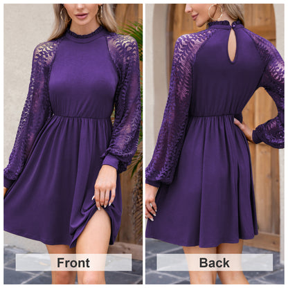 EXLURA Women’s Lace Tshirt Mini Dress Ruffle High Neck Long Puff Sleeve Swing Dress Flowy Wedding Guest Dresses
