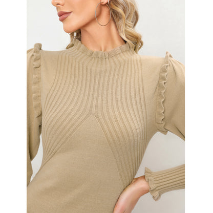 EXLURA Women’s Sexy Bodycon Pullover Sweater Dress Ruffle High Neck Knit Long Puff Sleeve Dress Cute Mini Winter Dress