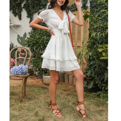 Exlura Women’s V Neck Summer Ruffle Dress Sundress Tiered Smocked Tie Front Short Puff Sleeve Swing Mini Dress
