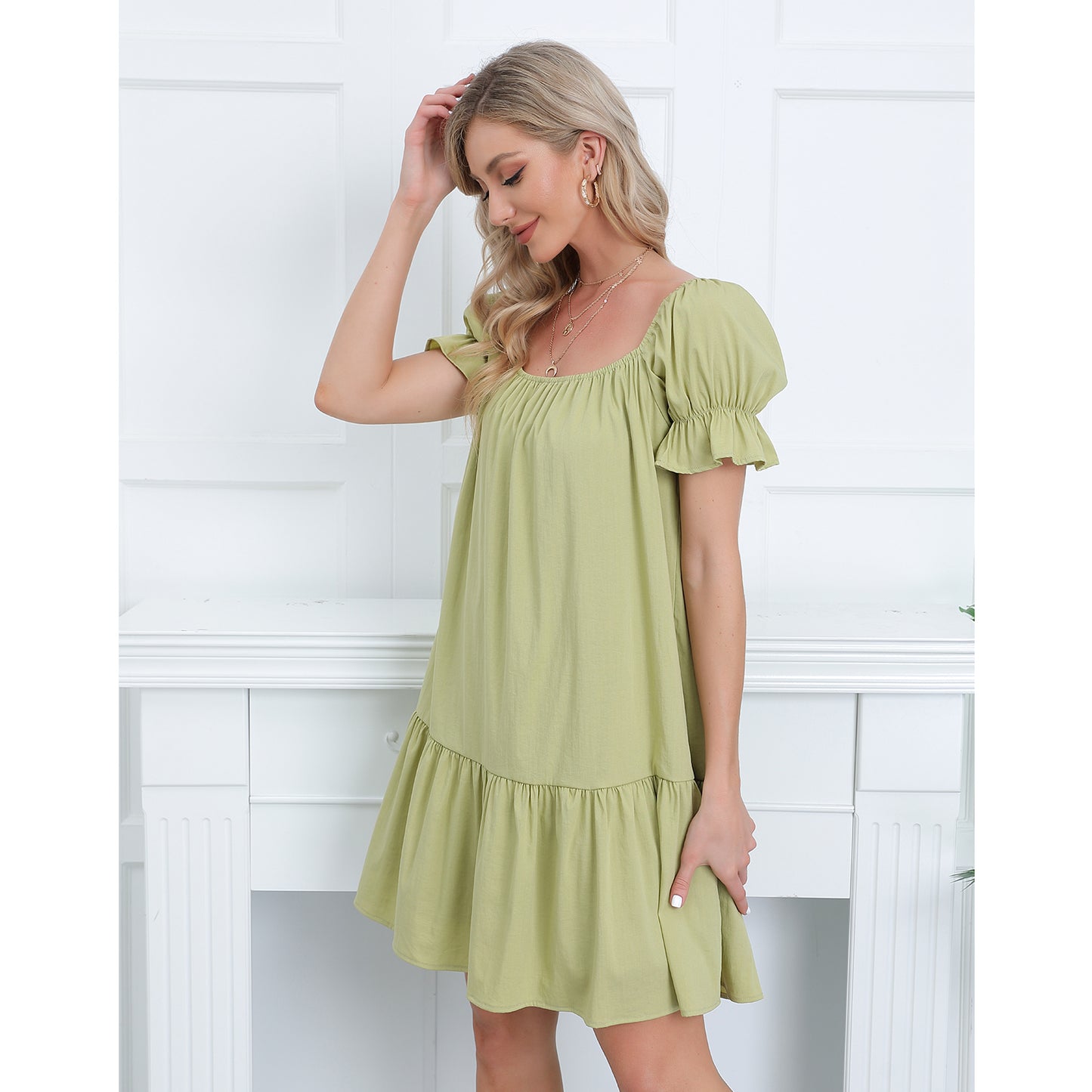 Exlura Women’s Square Neck Puff Short Sleeve Dress Off Shoulder Tiered Ruffle A-Line Babydoll Mini Party Dress