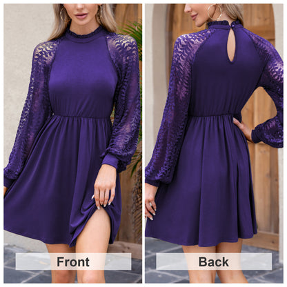 EXLURA Women’s Lace Tshirt Mini Dress Ruffle High Neck Long Puff Sleeve Swing Dress Flowy Wedding Guest Dresses