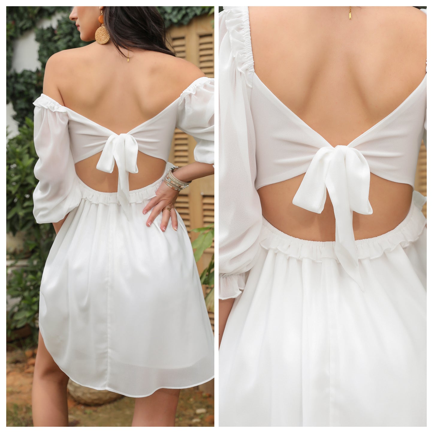 Exlura Women’s Off Shoulder Floral Ruffle Dress Sundress Tie Back Puff Sleeve Backless Square Neck Mini Summer Dress