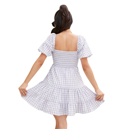Exlura Women’s Off Shoulder Round Neck Dress Puff Short Sleeve Ruffle Plaid Tiered Swing Mini Dress Sundress