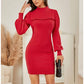 EXLURA Women’s Bodycon Knit Sweater Dress Mock Neck Smocked Long Lantern Sleeve Pullover Dress Ruffle Vintage Club Mini Dress