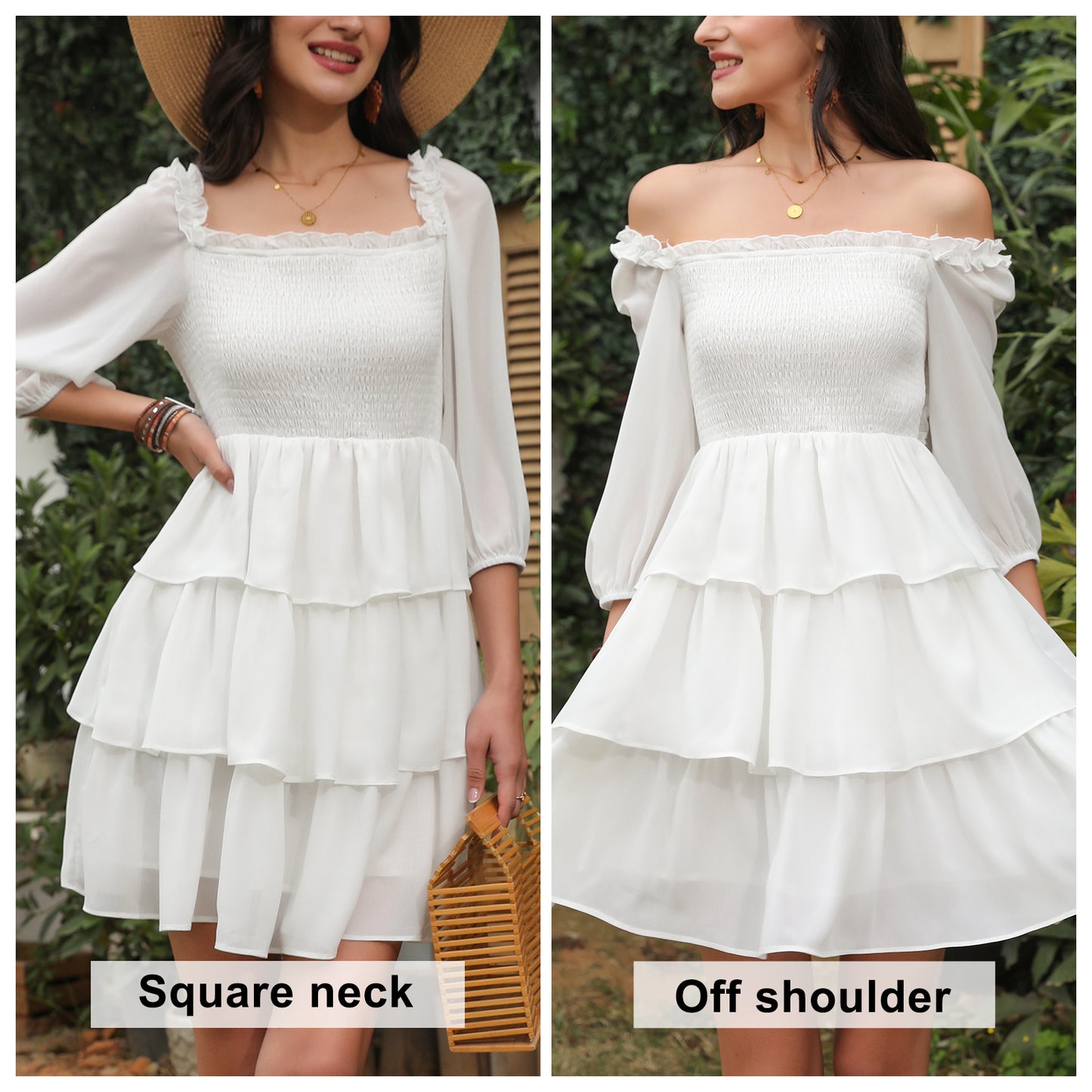 Exlura Women’s Off Shoulder Ruffle Dress Sundress Puff Sleeve Backless Tiered Smocked Tie Waist Flowy Mini Dress