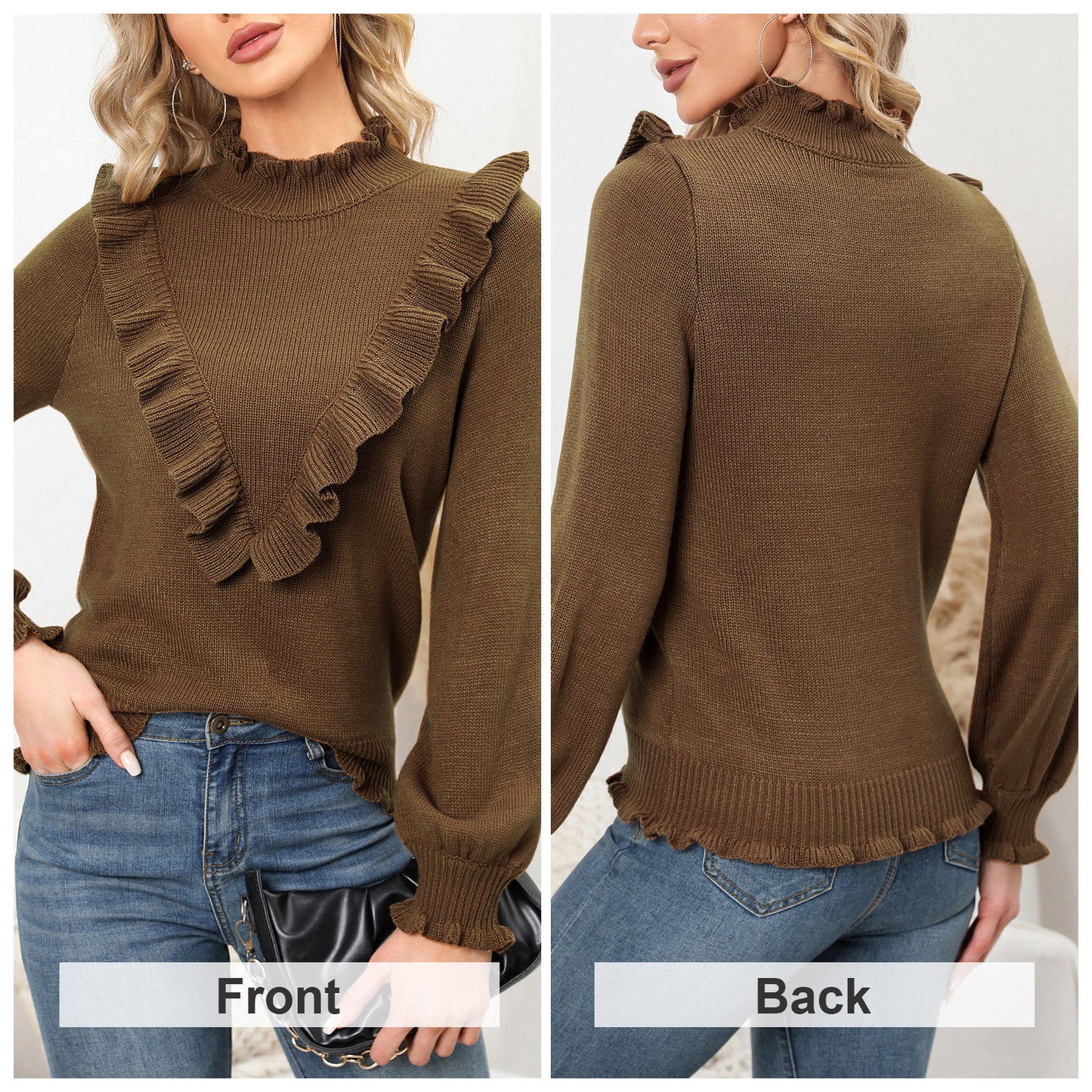 EXLURA Women's Ruffle Chunky Pullover Sweater Mock Turtleneck Long Puff Sleeve Jumpers Casual Trendy Tops