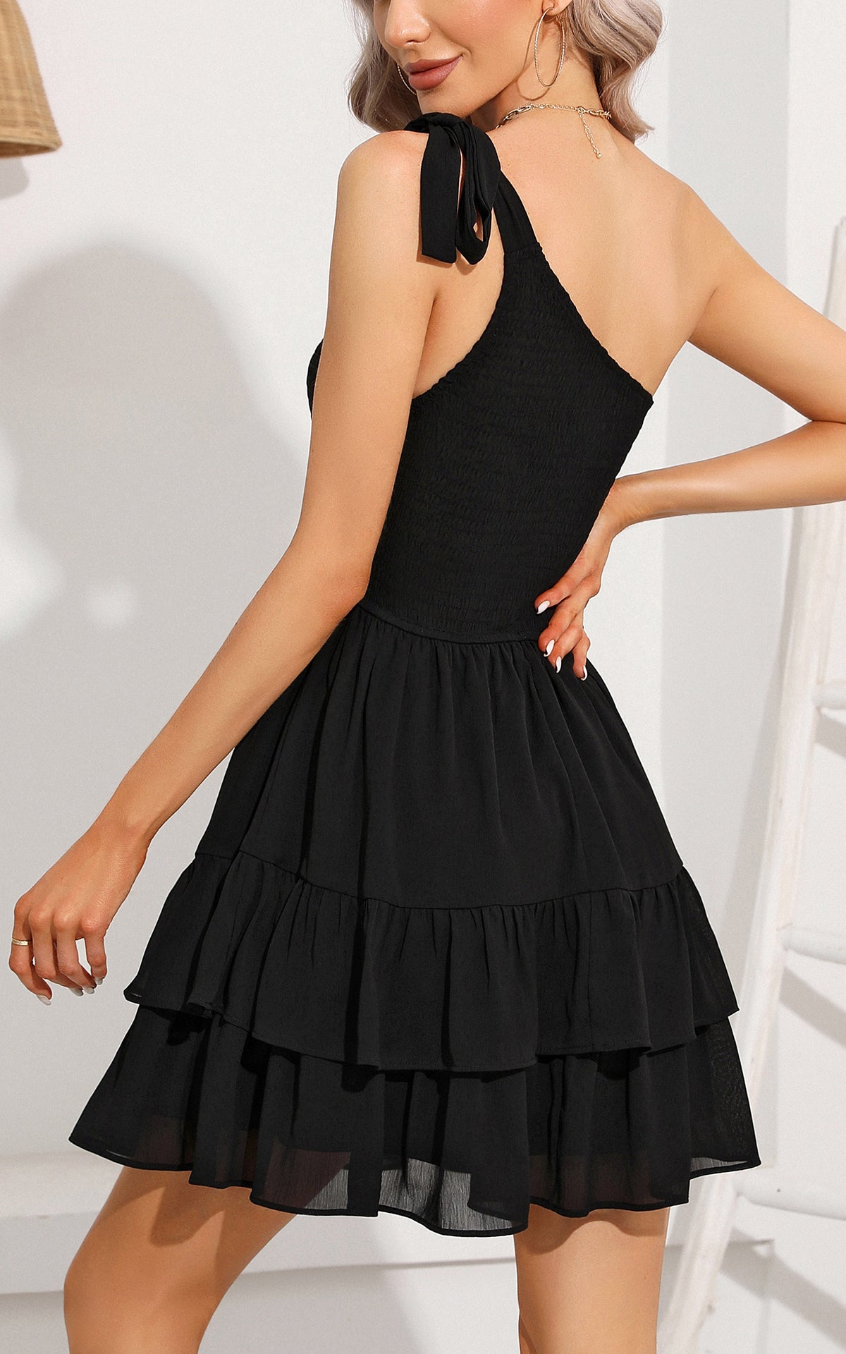 Summer One Shoulder Sleeveless Solid Color Dress Ruffle