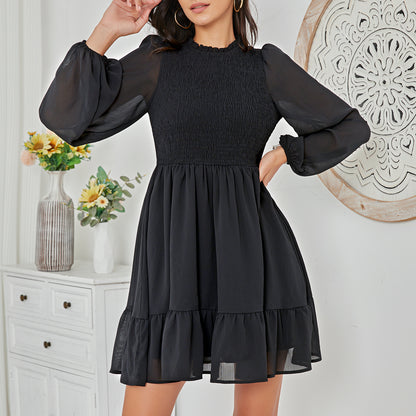 Exlura Women’s Vintage Mini Dress Round Neck Long Lantern Sleeve Ruffle Dress Cute Babydoll Casual Dresses