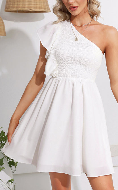 Summer One Shoulder Mini Sundress - Ruffle Smocked Flowy
