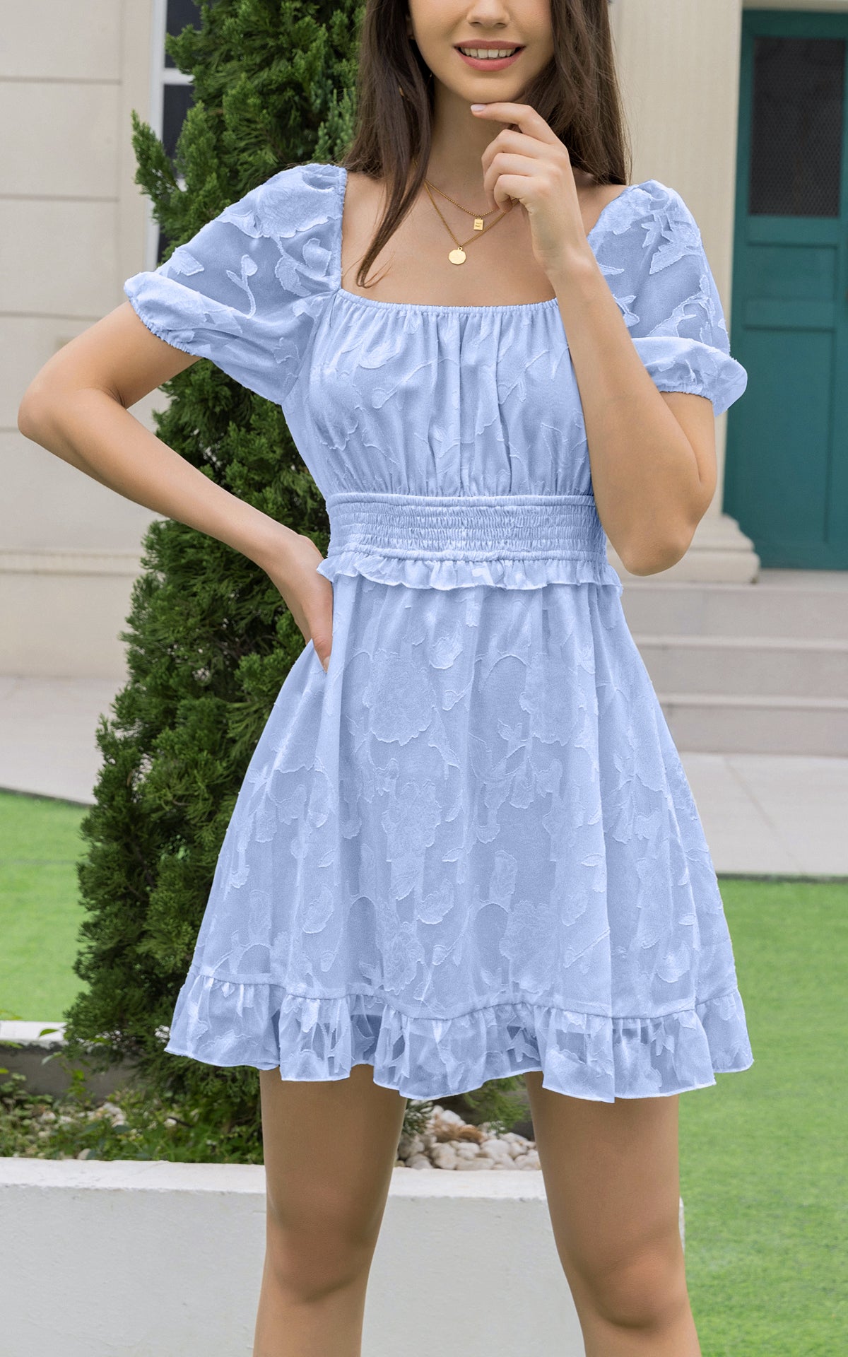 Floral Textured Square Neck Short A Line Dress