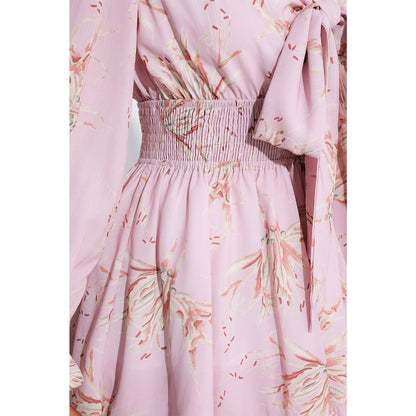 EXLURA Women Tie Front Elastic Waist Tiered Ruffle Layer Floral Balloon Long Sleeve V-Neck A-Line Mini Dress