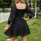Exlura Women’s Vintage Mini Dress Round Neck Long Sleeve Swiss Dot Empire Waist Skater Dress Babydoll Casual Dress