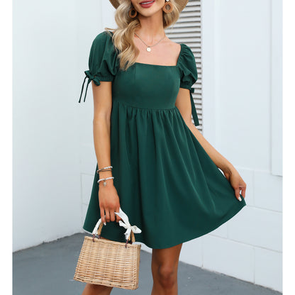 Square Neck Babydoll Dress Backless High Waist Tie Back Short Puff Sleeve Summer Mini Dress Sundress