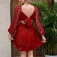 KRDR302EXLURA Women’s Lace Long Puff Sleeve Mini Dress Square Neck Backless Short Swing Party Dress Tie Back Bridesmaid Wedding Guest Dresses