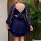KRDR302EXLURA Women’s Lace Long Puff Sleeve Mini Dress Square Neck Backless Short Swing Party Dress Tie Back Bridesmaid Wedding Guest Dresses