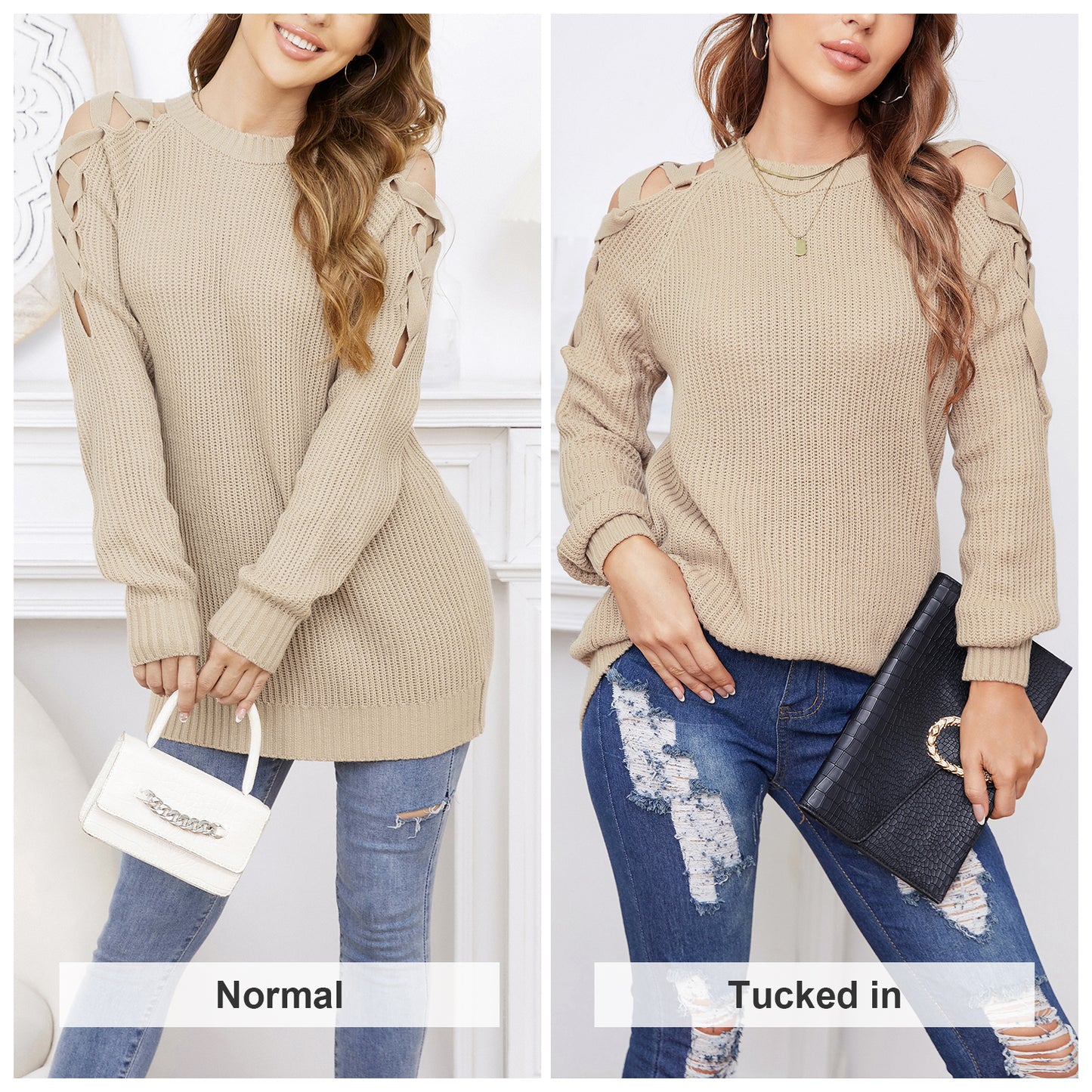 EXLURA Women’s Criss Cross Long Oversized Sweater Crew Neck Cold Shoulder Long Sleeve Pullover Sweater Knit Casual Trendy Tops