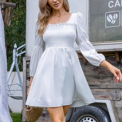EXLURA Women’s Long Puff Sleeve Dress with Pockets Smocked Ruffle Square Neck Mini Dress Babydoll Vintage Cocktail Party Dress