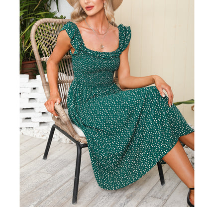 EXLURA Women's Sleeveless Dress Square Neck Floral Print High Waist A-line Ruffle Smocked Backless Midi Dress