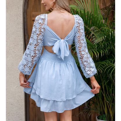 KRDR302EXLURA Women’s Lace Long Puff Sleeve Mini Dress Square Neck Backless Short Swing Party Dress Tie Back Bridesmaid Wedding Guest Dresses