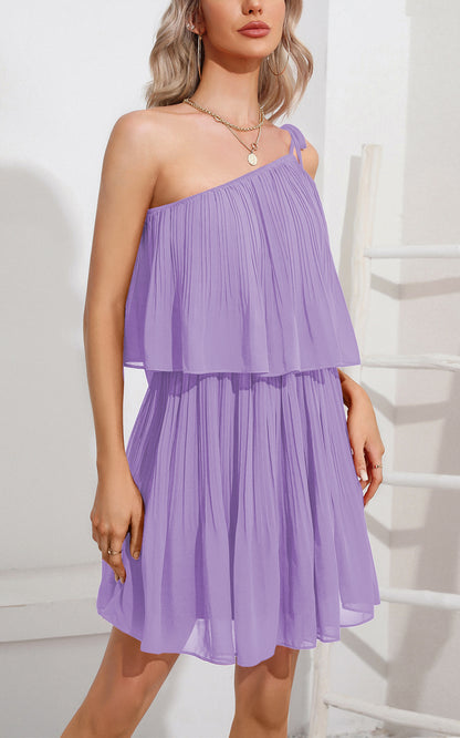 Summer Mini Sundress - One Shoulder Spaghetti Strap Tiered