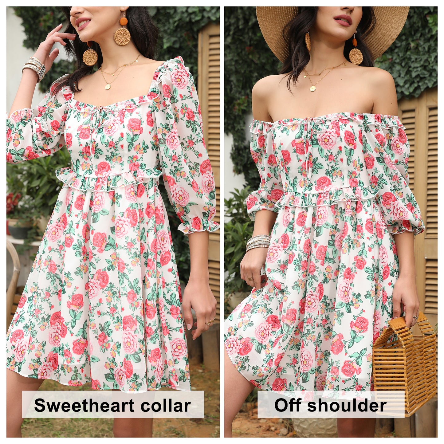 Exlura Women’s Off Shoulder Floral Ruffle Dress Sundress Tie Back Puff Sleeve Backless Square Neck Mini Summer Dress