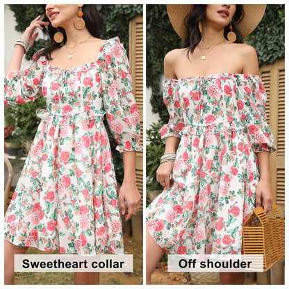 Exlura Women’s Off Shoulder Floral Ruffle Dress Sundress Tie Back Puff Sleeve Backless Square Neck Mini Summer Dress