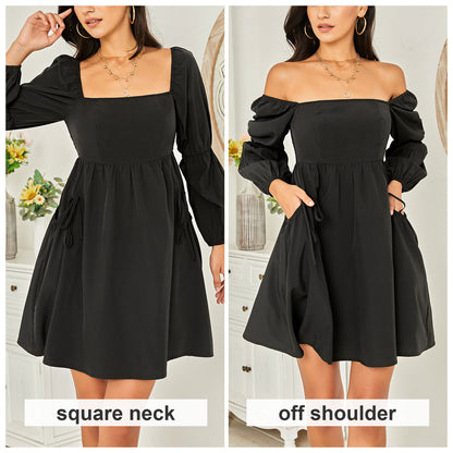 Exlura Women’s Casual Mini Dress with Pockets Square Neck Long Puff Sleeve Dress Empire Waist Boho Wedding Guest Dress