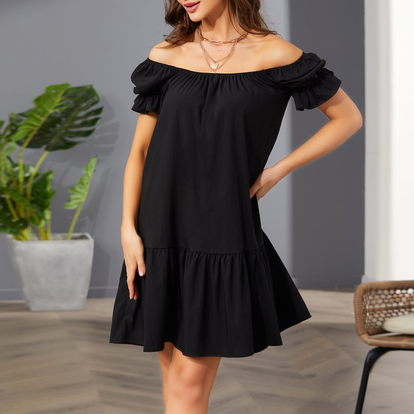 Exlura Women’s Square Neck Puff Short Sleeve Dress Off Shoulder Tiered Ruffle A-Line Babydoll Mini Party Dress